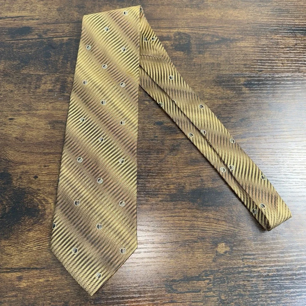 Mens Italian Silk Neck‎ Tie Gold Brown Black Herringbone Geometric
